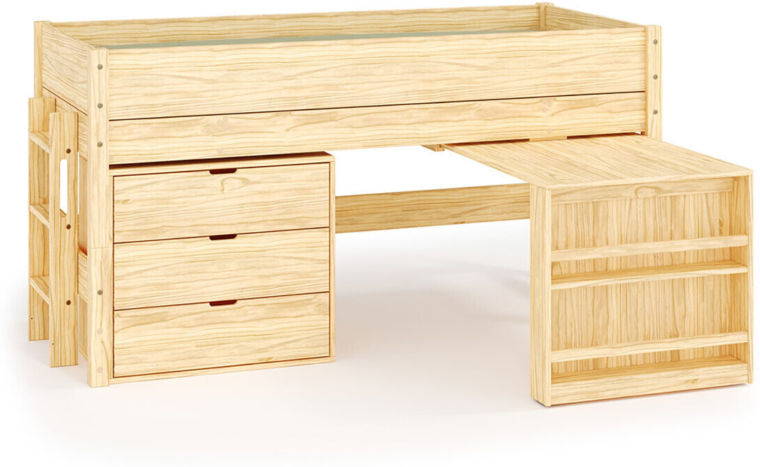 Ma Chambre d'Enfant Lit mi-hauteur enfant avec bureau et matelas Combeebed Bois naturel 90x200 cm Echelle petit côté 1 bureau + 1 commode Matelas Airfresh 15 cm