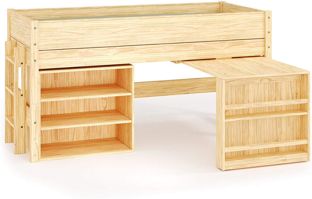 Ma Chambre d'Enfant Lit mi-hauteur enfant avec bureau et matelas Combeebed Bois naturel 90x200 cm Echelle petit côté 1 bureau + 1 étagère Matelas Norway 13 cm