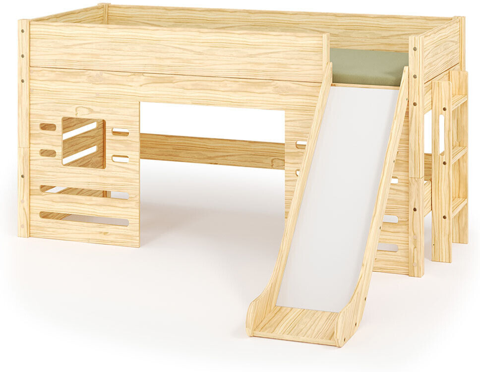 Ma Chambre d'Enfant Lit mi-hauteur enfant avec toboggan et matelas Combeebed Bois naturel 90x200 cm Fenêtre bas Matelas Airfresh 15 cm