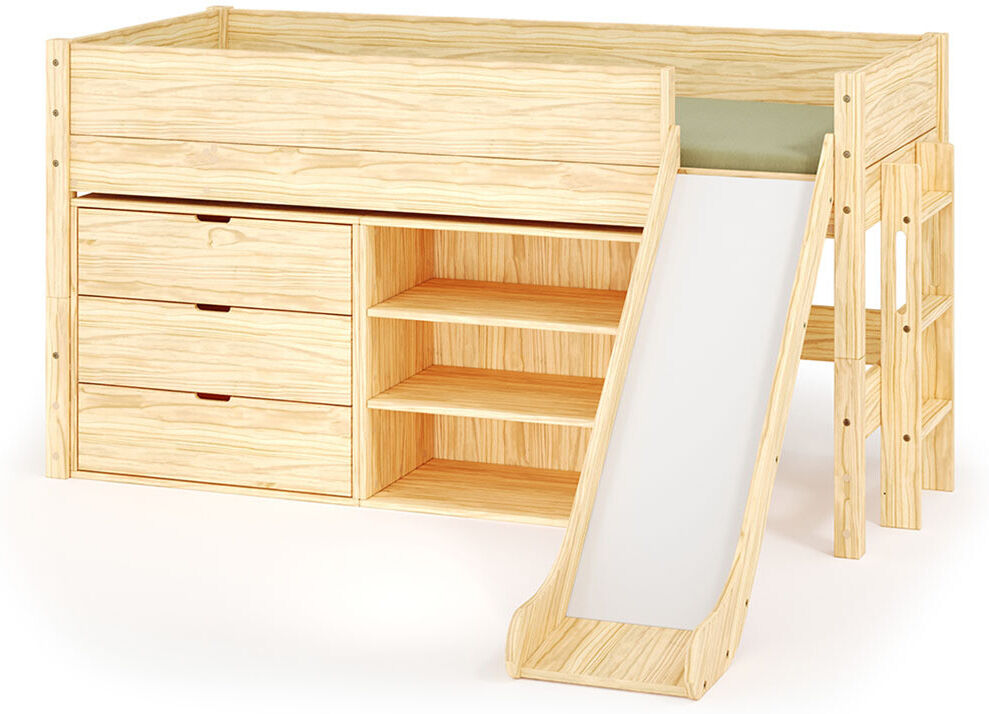 Ma Chambre d'Enfant Lit mi-hauteur enfant avec toboggan et matelas Combeebed Bois naturel 90x200 cm 1 étagère + 1 commode Matelas Airfresh 15 cm