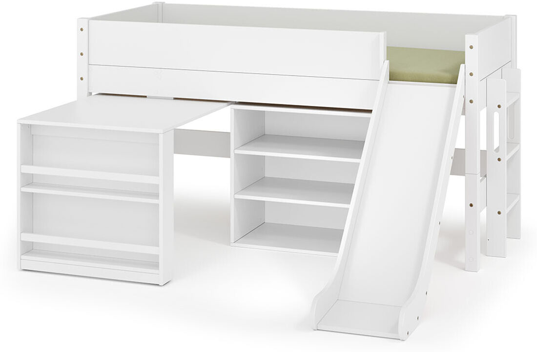Ma Chambre d'Enfant Lit mi-hauteur enfant avec toboggan et matelas Combeebed Blanc 90x200 cm 1 étagère + 1 bureau Matelas Norway 13 cm