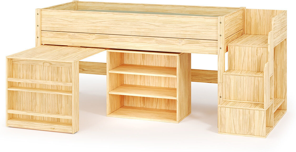Ma Chambre d'Enfant Lit mi-hauteur enfant avec escalier et matelas Combeebed Bois naturel 90x200 cm 1 étagère + 1 bureau Matelas Airfresh 15 cm