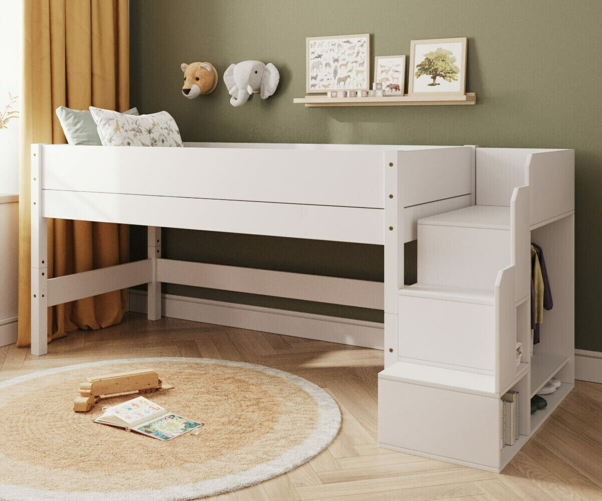 Ma Chambre d'Enfant Lit mi-hauteur enfant avec escalier et matelas Combeebed Blanc 90x200 cm Sans rangement et bureau Matelas Norway 13 cm