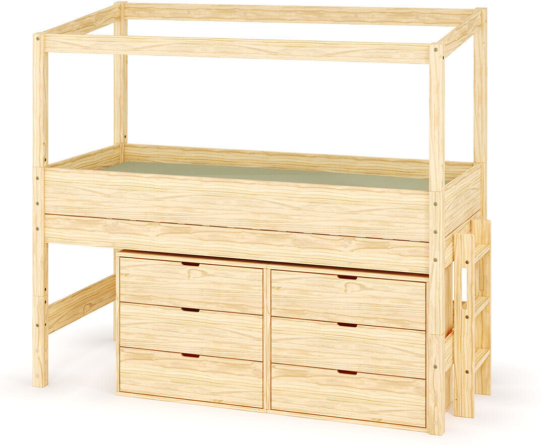 Ma Chambre d'Enfant Lit cabane mi-hauteur avec rangement et matelas Combeebed Bois naturel 90x200 cm Echelle petit côté Structure cabane uniquement 2 commodes Matelas Norway 13 cm