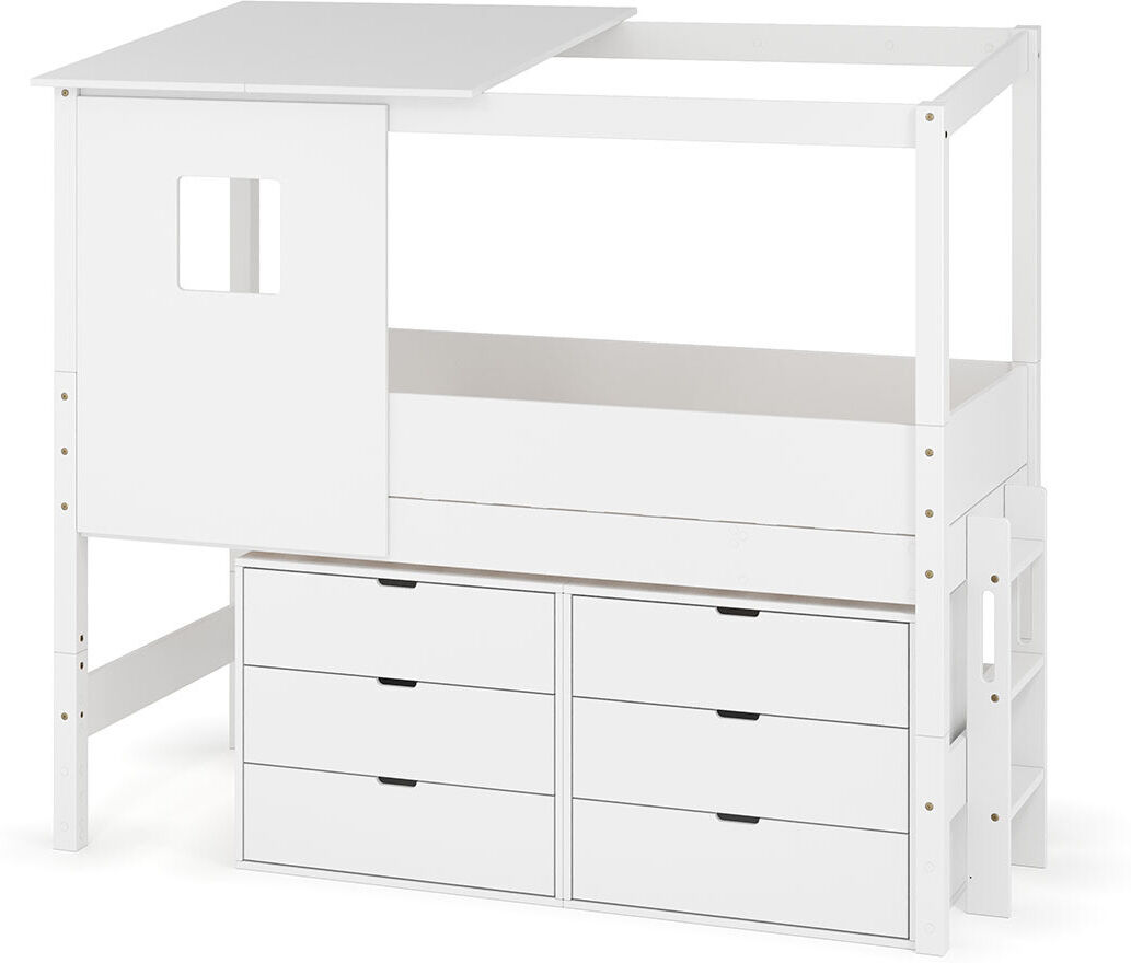 Ma Chambre d'Enfant Lit cabane mi-hauteur avec rangement et matelas Combeebed Blanc 90x200 cm Echelle petit côté Toit et fenêtre haut 2 commodes Matelas Norway 13 cm
