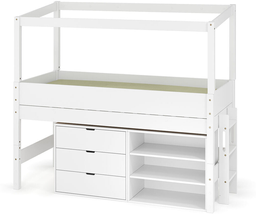 Ma Chambre d'Enfant Lit cabane mi-hauteur avec rangement et matelas Combeebed Blanc 90x200 cm Echelle petit côté Structure cabane uniquement 1 étagère + 1 commode Matelas Airfresh 15 cm