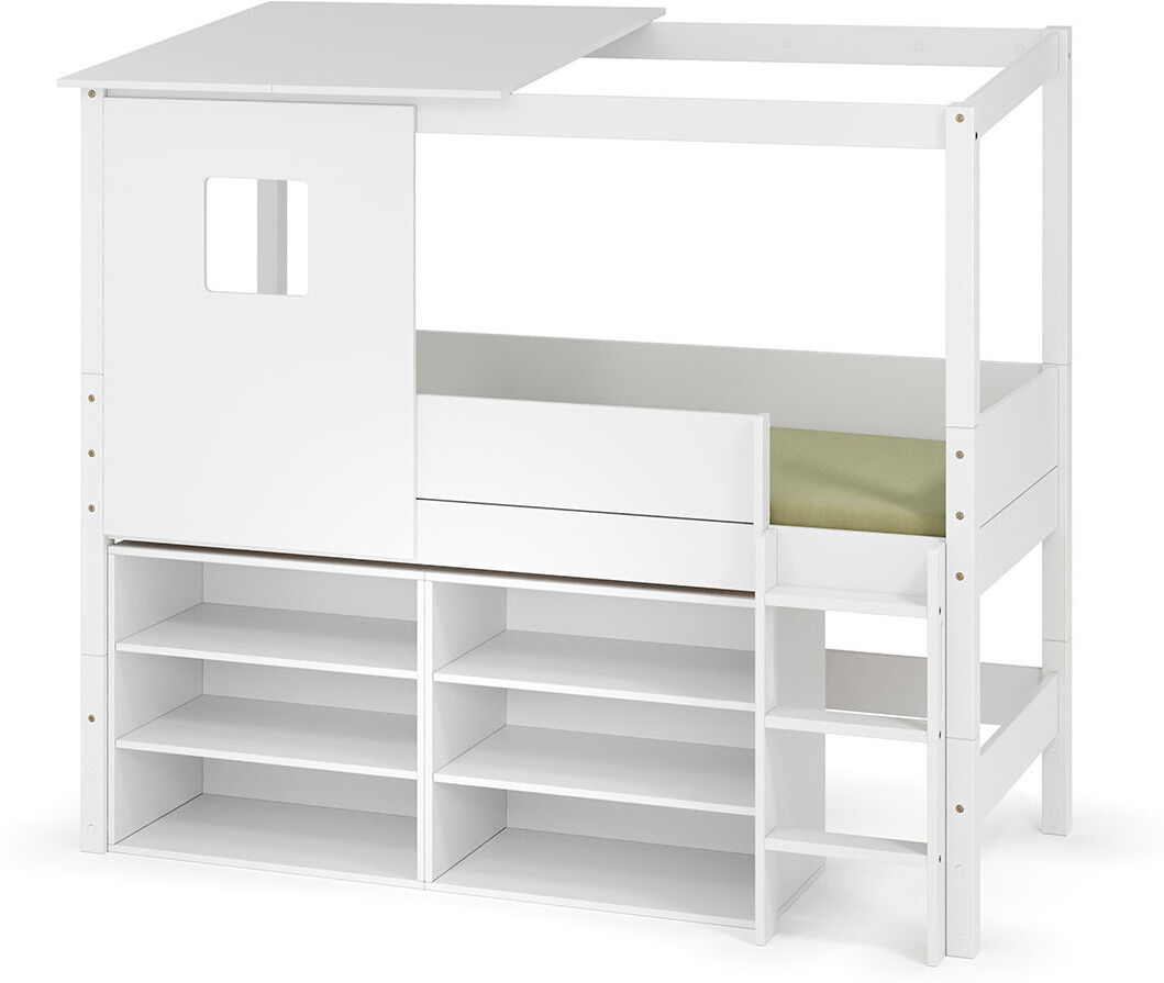 Ma Chambre d'Enfant Lit cabane mi-hauteur avec rangement et matelas Combeebed Blanc 90x200 cm Echelle grand côté Toit et fenêtre haut 2 étagères Matelas Norway 13 cm