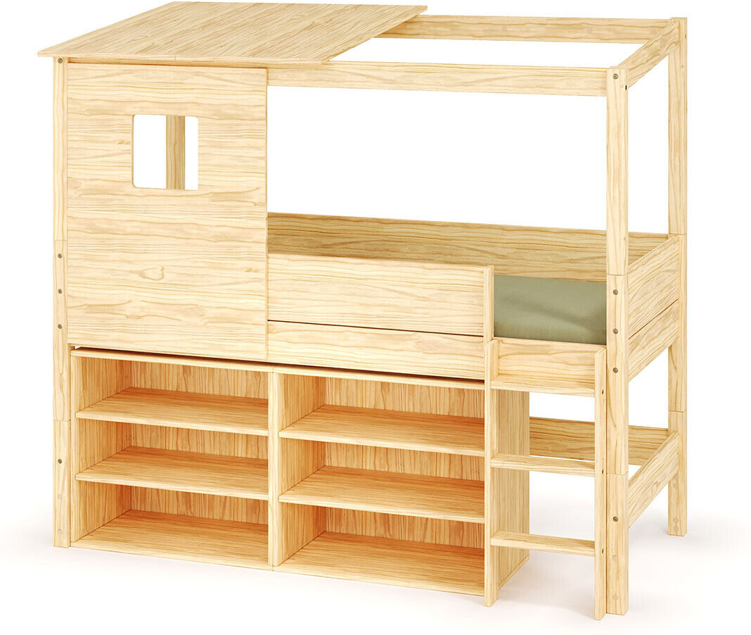 Ma Chambre d'Enfant Lit cabane mi-hauteur avec rangement et matelas Combeebed Bois naturel 90x200 cm Echelle grand côté Toit et fenêtre haut 2 étagères Matelas Norway 13 cm