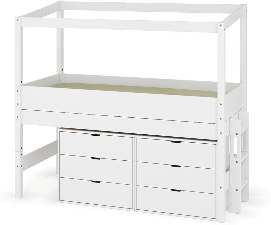 Ma Chambre d'Enfant Lit cabane mi-hauteur avec rangement et matelas Combeebed Blanc 90x200 cm Echelle petit côté Structure cabane uniquement 2 commodes Matelas Norway 13 cm