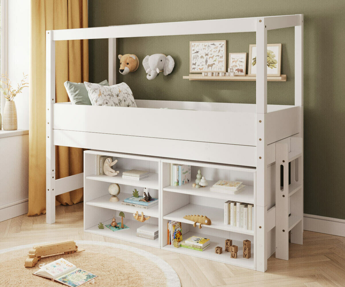 Ma Chambre d'Enfant Lit cabane mi-hauteur avec rangement et matelas Combeebed Blanc 90x200 cm Echelle petit côté Structure cabane uniquement 2 étagères Matelas Norway 13 cm