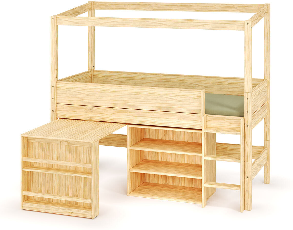 Ma Chambre d'Enfant Lit cabane mi-hauteur avec bureau et matelas Combeebed Bois naturel 90x200 cm Echelle grand côté Structure cabane uniquement 1 étagère Matelas Airfresh 15 cm