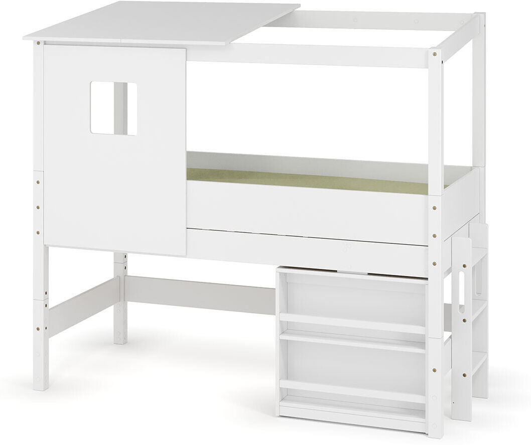 Ma Chambre d'Enfant Lit cabane mi-hauteur avec bureau et matelas Combeebed Blanc 90x200 cm Echelle petit côté Toit et fenêtre haut Sans rangement Matelas Norway 13 cm