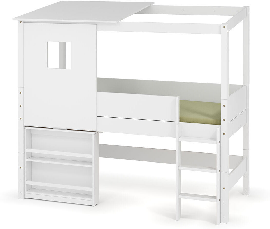 Ma Chambre d'Enfant Lit cabane mi-hauteur avec bureau et matelas Combeebed Blanc 90x200 cm Echelle grand côté Toit et fenêtre haut Sans rangement Matelas Airfresh 15 cm