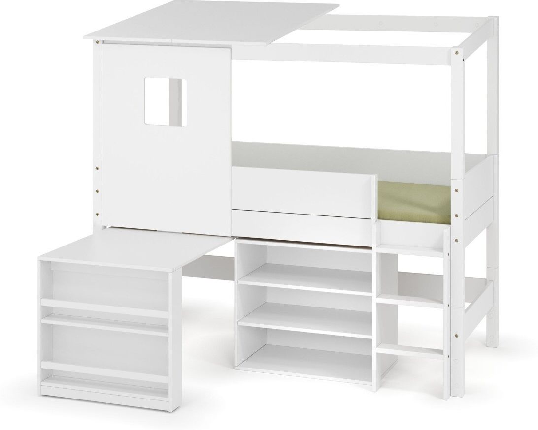 Ma Chambre d'Enfant Lit cabane mi-hauteur avec bureau et matelas Combeebed Blanc 90x200 cm Echelle grand côté Toit et fenêtre haut 1 étagère Matelas Airfresh 15 cm