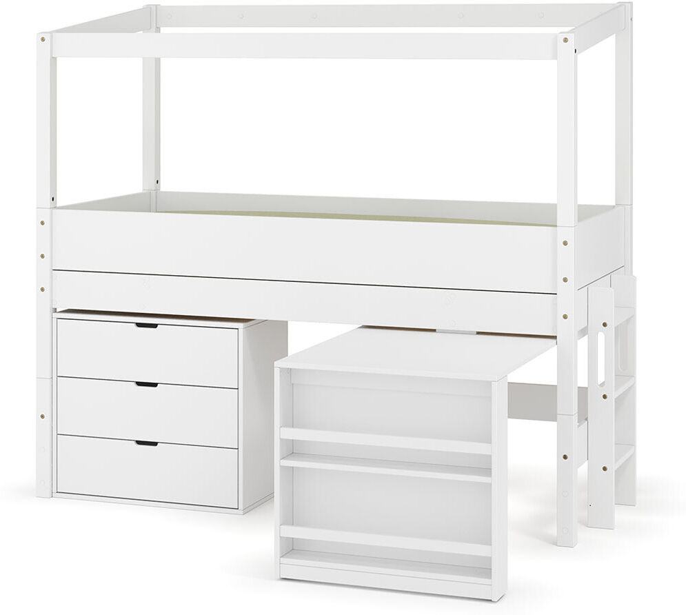 Ma Chambre d'Enfant Lit cabane mi-hauteur avec bureau et matelas Combeebed Blanc 90x200 cm Echelle petit côté Structure cabane uniquement 1 commode Matelas Airfresh 15 cm