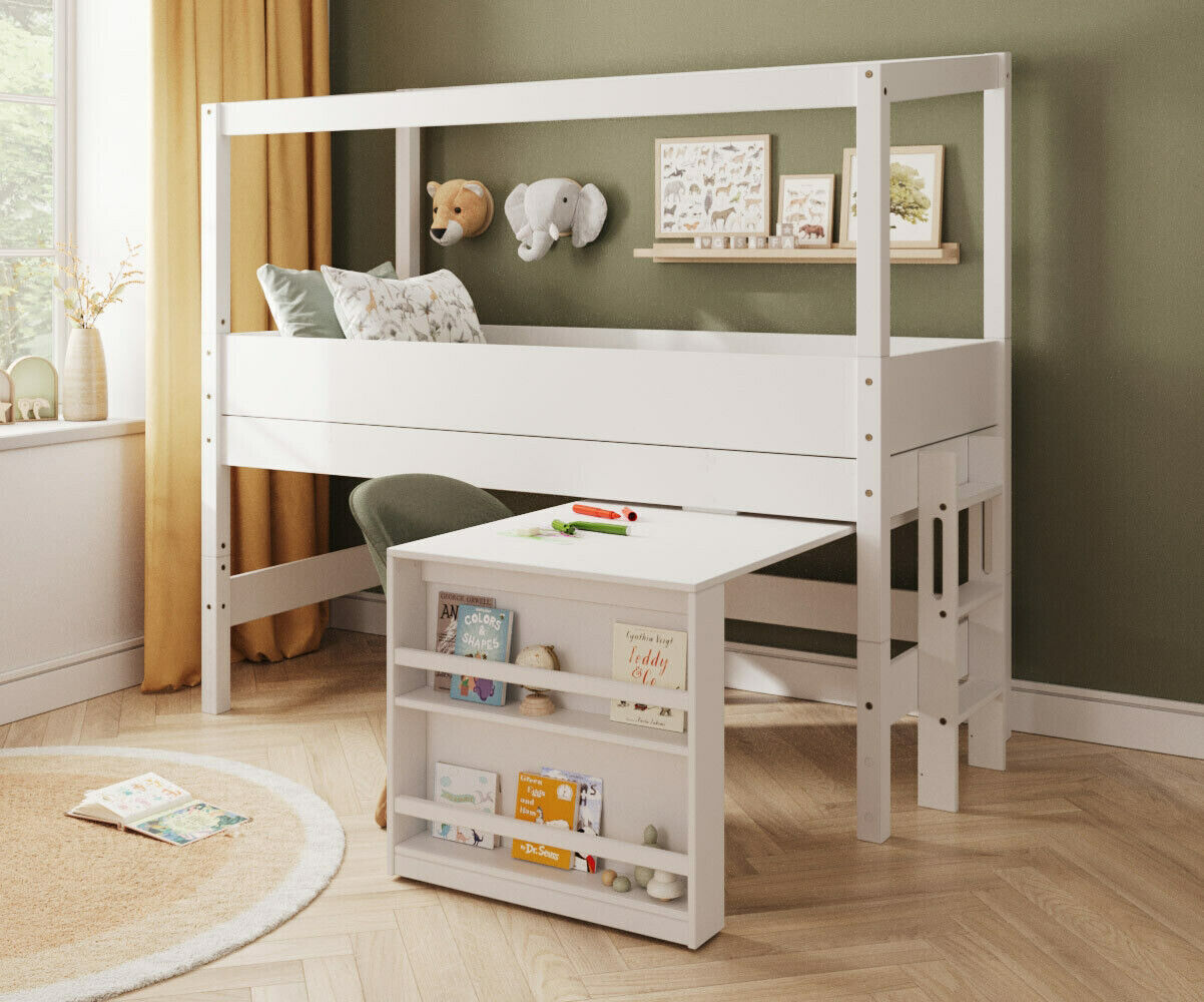 Ma Chambre d'Enfant Lit cabane mi-hauteur avec bureau et matelas Combeebed Blanc 90x200 cm Echelle petit côté Structure cabane uniquement Sans rangement Matelas Airfresh 15 cm