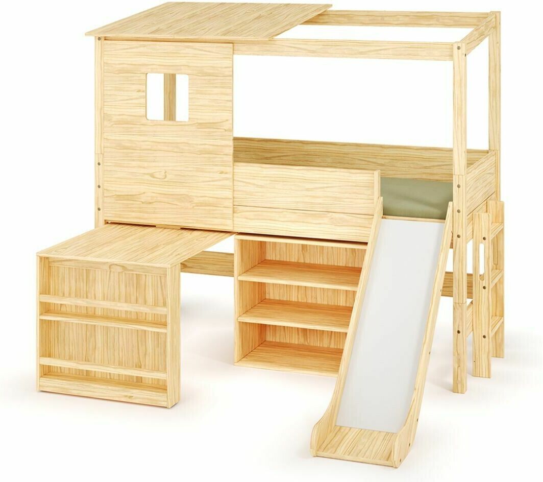 Ma Chambre d'Enfant Lit cabane mi-hauteur avec toboggan et matelas Combeebed Bois naturel 90x200 cm 1 bureau + 1 étagère Matelas Norway 13 cm