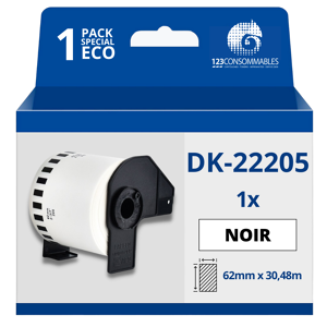 123CONSOMMABLES Rouleau Étiquettes compatible avec BROTHER DK-22205 - Largeur 62 mm x 30,48 mètres - Texte noir sur fond blanc - Publicité