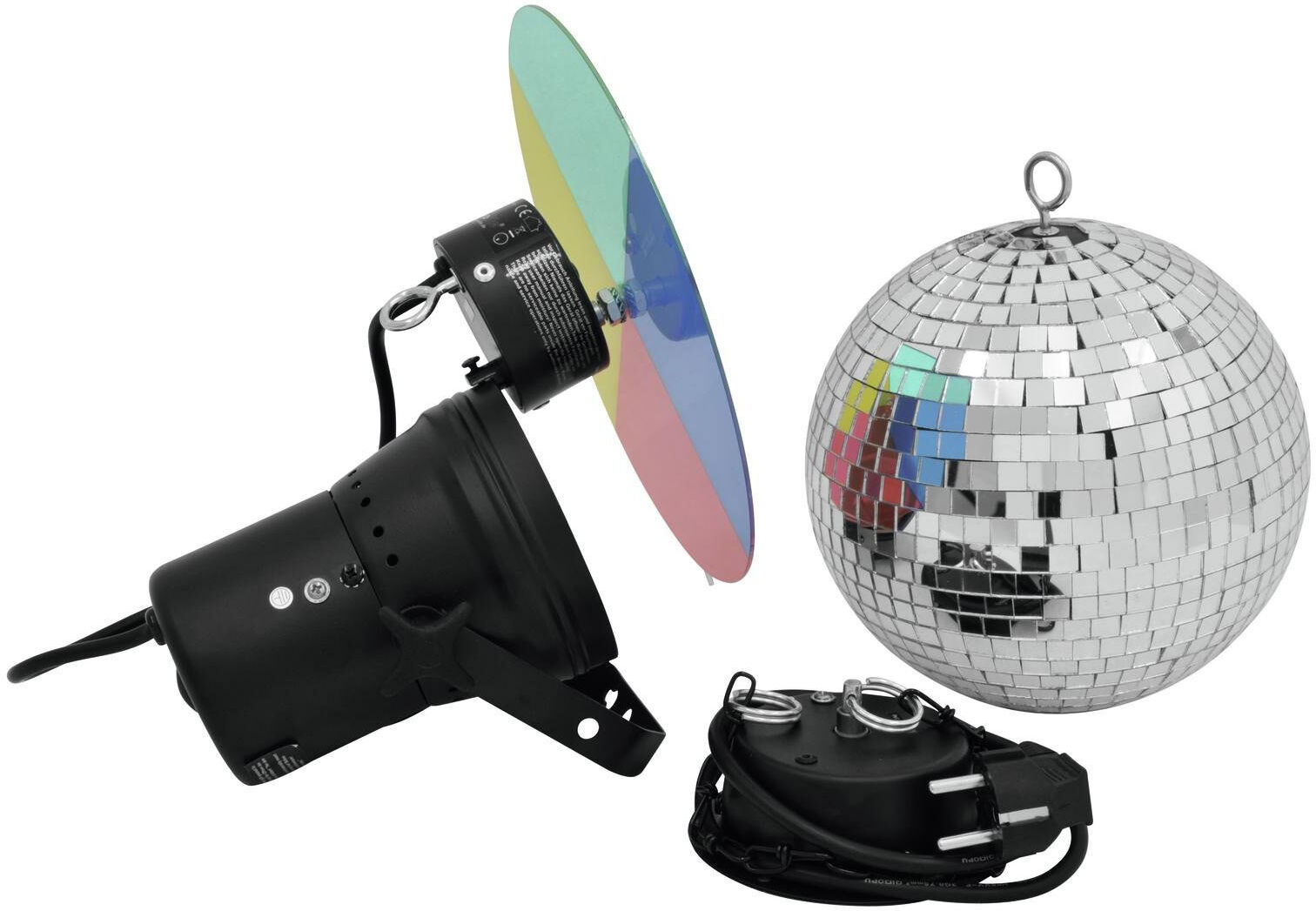 Une ambiance disco incroyable et des couleurs éclatantes: ce kit rend tout cela possible ! Ce kit de qualité professionnelle vous offre un classique Eurolite éprouvé à un prix imbattable. Que vous l'utilisiez pour illuminer votre salon, un club ou un bar, ce kit de fête garantit toujours une véritable ambiance disco ! Le kit comprend une boule à facettes d'un diamètre de 20 cm recouverte d'innombrables petits miroirs. Grâce au moteur fourni, de type MD-1015, la boule tourne lentement sur son axe tout en reflétant des faisceaux lumineux colorés pour créer l'effet disco familier. La lumière nécessaire est fournie par un spot Eurolite T-36 qui est bien sûr également inclus dans ce set. Pour ajouter de la couleur, nous avons également inclus une roue chromatique motorisée qui mélange les couleurs rouge, jaune, verte et bleue. Vous pouvez également créer un joli effet de division en éteignant simplement le moteur.Ensemble comprenant un moteur, une boule à facettes, une chaîne, un spot et une roue chromatique. Moteur rotatif de sécurité pour boule à facettes MD-1015, 1 chaîne avec maillons rapides, Roue chromatique avec moteur pour T-36, roue chromatique Roue chromatique avec rouge, vert, jaune, bleu, illuminant Indice de rendu des couleurs très élevé (IRC), Contenu de l'emballage 1 x boule à facettes, 1 x spot, 1 x anneau de serrage pour lampe, 1 x ampoule, 1 x moteur, 1 x moteur pour roue chromatique, 1 x chaîne, 1 x lien de sécurité, 1 x roue chromatique, 3 x vis, 1 x mode d'emploi, Poids: 2,50 kg, Boule à facettes, Position debout/fixation: Œillet, Dimensions: Diamètre: Ø 20 cm, Poids: 0,57 kg, Pleins feux sur, Alimentation électrique: 230 V CA, 50 Hz, Consommation électrique: 30 W, Classification IP: IP20, Classe de protection: Classe de protection I, Lampe adaptée: 6,4 V/30 W PAR-36, Connexion électrique: Cordon d'alimentation fixe avec fiche de sécurité, Longueur du câble: Environ 0,9 m, Base: Fils, Couleur du boîtier: Noir, Matériau: Métal, Dimensions: Largeur: 15 cmProfondeur: 16 cmHauteur: 17 cm, Anneau de serrage pour lampe, Matériau: Métal, Couleur: Argent, illuminant, Tension (lampes): 6,4 V, Puissance nominale: 30 W, Base: G-53 STC, Type de lampe: Lampe halogène, Couleur de la lumière: Blanc chaud WW, Indice de rendu des couleurs (IRC): 99 Ra, Construction: PAR-36, Moteur, Alimentation électrique: 230 V CA, 50 Hz, Consommation électrique: 4 W, Classification IP: IP20, Classe de protection: Classe de protection I, Connexion électrique: Cordon d'alimentation fixe avec fiche de sécurité, Longueur du câble: Environ 0,9 m, Vitesse: 1,5 tr/min, Charge maximale: 3 kg, Couleur du boîtier: Noir, Matériau: Métal, Dimensions: Diamètre: Ø 11,5 cm, Moteur pour roue chromatique, Alimentation électrique: 230 V CA, 50 Hz, Consommation électrique: 4 W, Classification IP: IP20, Classe de protection: Classe de protection I, Connexion électrique: Cordon d'alimentation fixe avec fiche de sécurité, Longueur du câble: Environ 0,9 m, Vitesse: 3 tours par minute,... image