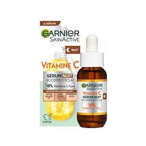 Garnier SkinActive Vitamine C Sérum Nuit Booster d'Éclat 30 ml est idéal pour une peau éclatante.Sa formule concentrée contient 10% de vitamine C pure et d'acide hyaluronique pour stimuler l'éclat de votre peau pendant la nuit. La vitamine C pure, image