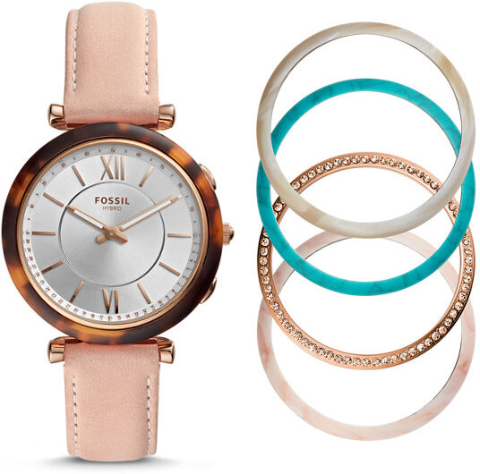 Fossil Women Montre Connectée Hybride - Coffret Avec Montre Carlie À Lunette Interchangeable En Cuir Rose Poudré - One size