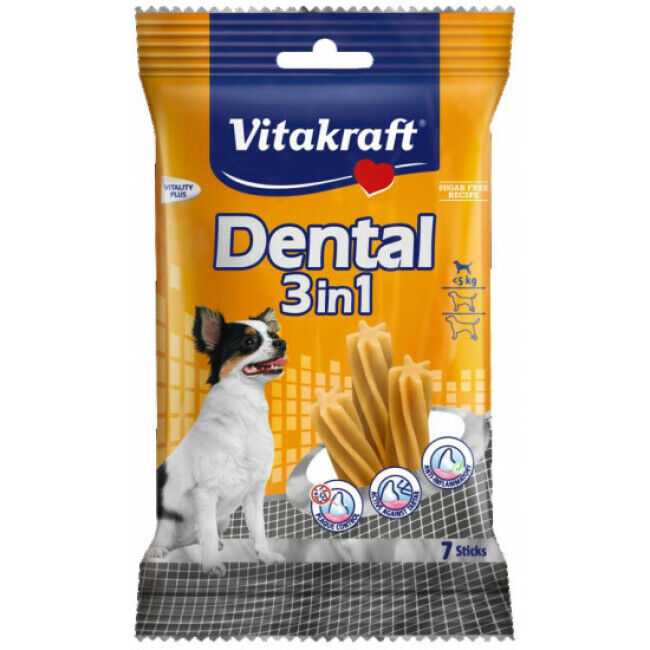 Vitakraft Bâtonnets soins dentaires pour petits chiens (- 5 kg) Vitakraft Dental 3 en 1 XS 70 g Vitakraft Bâtonnets soins dentaires pour petits chiens (- 5 kg) Vitakraft Dental 3 en 1 XS 70 g