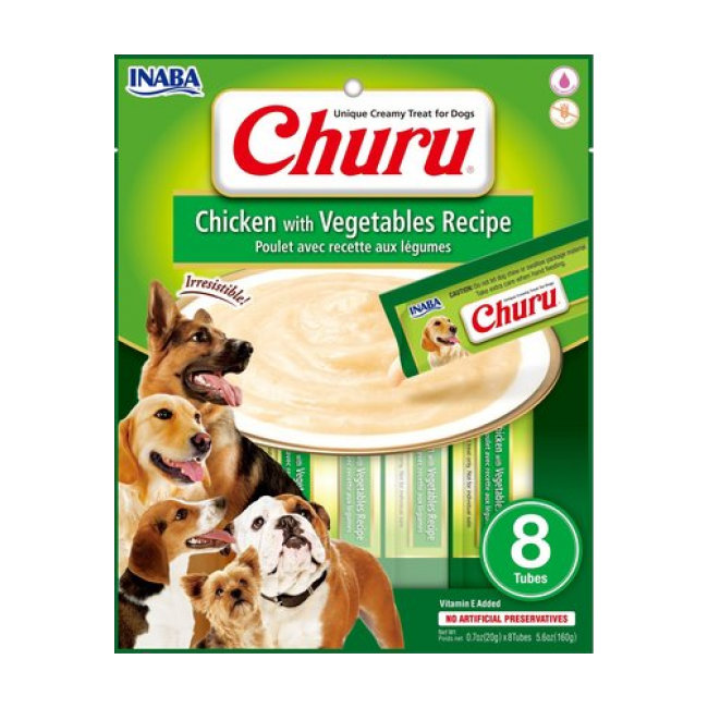 Inaba Friandises liquides pour chien Churu crème au poulet et légumes - 8 tubes de 20g