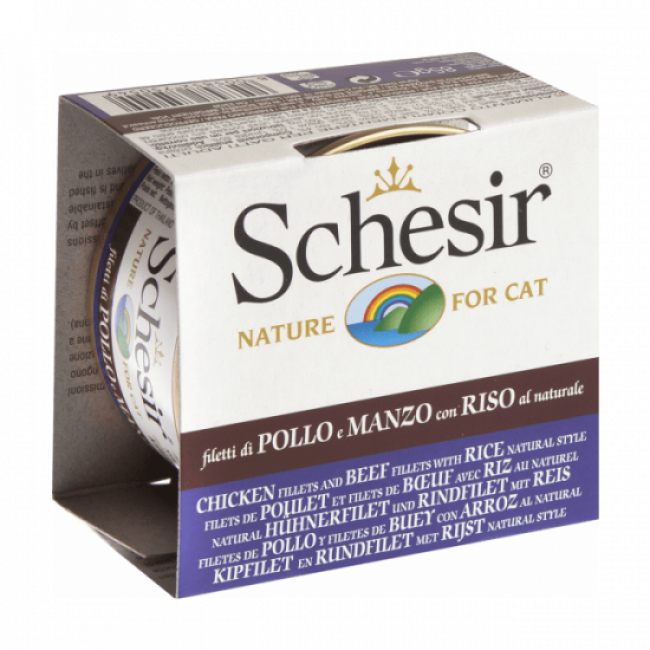 Schesir Pâtée pour chat Schesir Natural avec riz - Boîte 85 g Filets de poulet et de boeuf Schesir Pâtée pour chat Schesir Natural avec riz - Boîte 85 g Filets de poulet et de boeuf