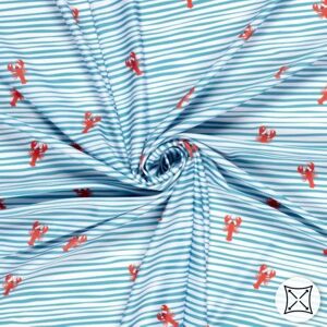 Tissu maillot de bain recyclé imprimé digital homard fond rayé bleu - Mondial Tissus - Publicité Tissu maillot de bain recyclé imprimé digital homard fond rayé bleu - Mondial Tissus - Publicité