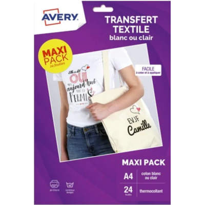 Papier de Transfert Coton A4 AVERY - Blanc ou Couleurs Claires - Résistant & Facile à Utiliser - Publicité Papier de Transfert Coton A4 AVERY - Blanc ou Couleurs Claires - Résistant & Facile à Utiliser - Publicité