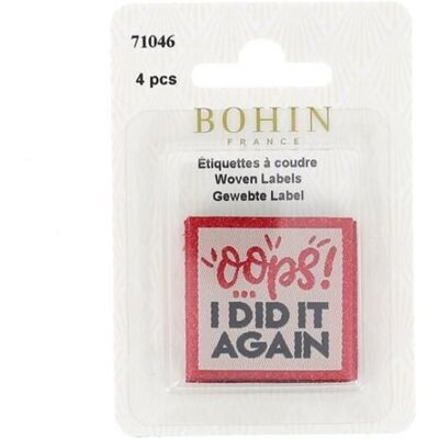 Lot 4 Étiquettes tissées "oops i did it again"- Bohin - Bohin - Mondial Tissus - Publicité Lot 4 Étiquettes tissées "oops i did it again"- Bohin - Bohin - Mondial Tissus - Publicité