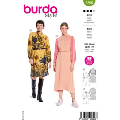 Patron burda 5696 - robes 36-48 - Burda - Mondial Tissus - Publicité Patron burda 5696 - robes 36-48 - Burda - Mondial Tissus - Publicité