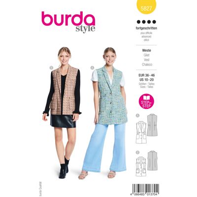 Burda Modèle 5827 Gilet - Style blazer élégant, Col à revers allongé, Deux patrons - Publicité Burda Modèle 5827 Gilet - Style blazer élégant, Col à revers allongé, Deux patrons - Publicité