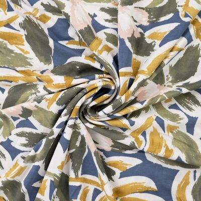 Maille jersey viscose imprimée fleur pinceau kaki bleue - Mondial Tissus - Publicité Maille jersey viscose imprimée fleur pinceau kaki bleue - Mondial Tissus - Publicité