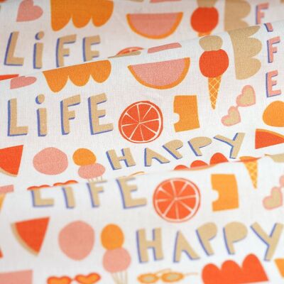 Tissu cretonne Happy life orange - MT - Mondial Tissus - Publicité Tissu cretonne Happy life orange - MT - Mondial Tissus - Publicité