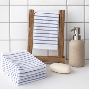 Lot de 5 serviettes visage rayures bleues 20x20cm - MT - Mondial Tissus - Publicité Lot de 5 serviettes visage rayures bleues 20x20cm - MT - Mondial Tissus - Publicité