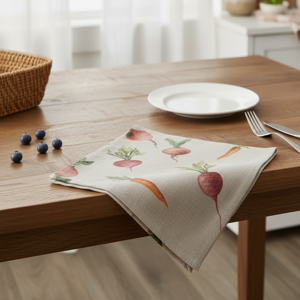 Lot de 4 serviettes de tables effet lin legumes - MT - Mondial Tissus - Publicité Lot de 4 serviettes de tables effet lin legumes - MT - Mondial Tissus - Publicité