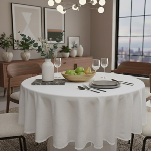 Nappe ronde crinkle blanc diamètre 160cm - MT - Mondial Tissus - Publicité Nappe ronde crinkle blanc diamètre 160cm - MT - Mondial Tissus - Publicité