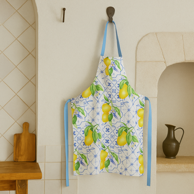 Tablier citron preppy Riviera jaune et bleu 70x85 cm - MT - Mondial Tissus - Publicité Tablier citron preppy Riviera jaune et bleu 70x85 cm - MT - Mondial Tissus - Publicité