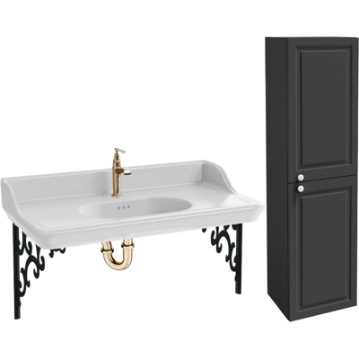 Jacob Delafon Cléo 1889 Meuble salle de bain - Lavabo suspendu, supports noirs, robinet or - Publicité Jacob Delafon Cléo 1889 Meuble salle de bain - Lavabo suspendu, supports noirs, robinet or - Publicité