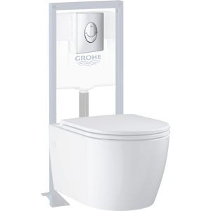 Pack WC suspendu sans bride GROHE Start Round Ceramic + Abattant frein de chute + Bati support autoportant + Plaque carré chromé - Publicité Pack WC suspendu sans bride GROHE Start Round Ceramic + Abattant frein de chute + Bati support autoportant + Plaque carré chromé - Publicité