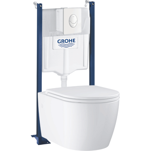 Pack WC suspendu sans bride GROHE Start Round Ceramic + abattant frein de chute + Bâti-support mur + Plaque blanc alpin - Publicité Pack WC suspendu sans bride GROHE Start Round Ceramic + abattant frein de chute + Bâti-support mur + Plaque blanc alpin - Publicité