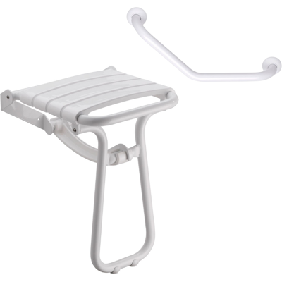 Bristol - Siège de douche PMR Essential confort pliable + Barre d'appui angulaire pour PMR Essential confort 135° - Lattes blanches - Publicité Bristol - Siège de douche PMR Essential confort pliable + Barre d'appui angulaire pour PMR Essential confort 135° - Lattes blanches - Publicité