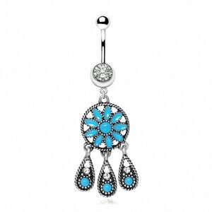 Piercing Street Piercing nombril fleur et larmes turquoise - Argente