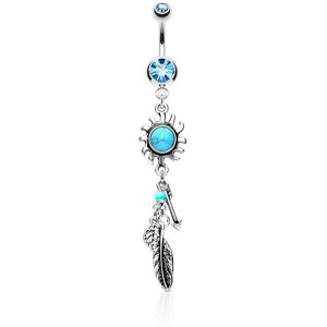 Piercing Street Piercing nombril pendentif soleil trial plume et fleche turquoise - Argente