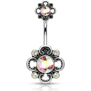 Piercing Street Piercing nombril double fleur filigrane aurore boreale - Argente