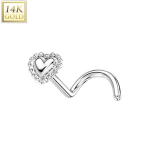 Piercing Street Piercing nez or blanc 14 carats tige tire-bouchon coeur perle - Argente