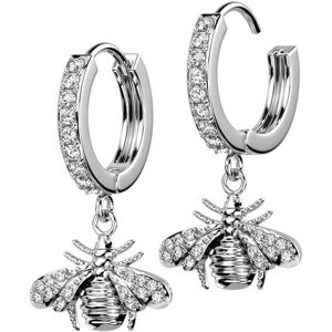 Piercing Street Paire boucles d'oreille anneaux plaque platine abeille strass - Argente