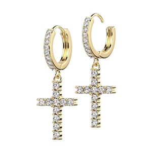 Piercing Street Paire boucles d'oreille anneaux plaque or croix strass - Dore