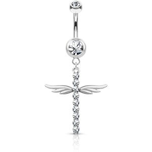 Piercing Street Piercing nombril pendentif croix ailee pavee de strass - Argente